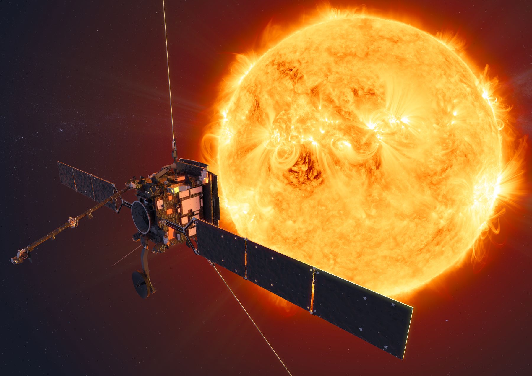 An image of a satellite in front of the sun