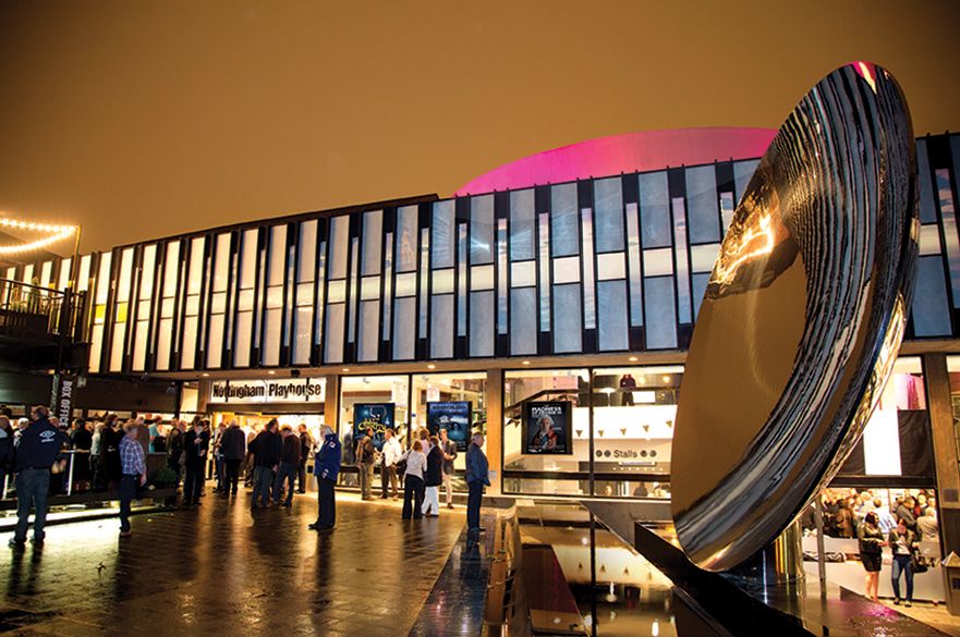 A building with Nottingham Playhouse in lights above the door.
