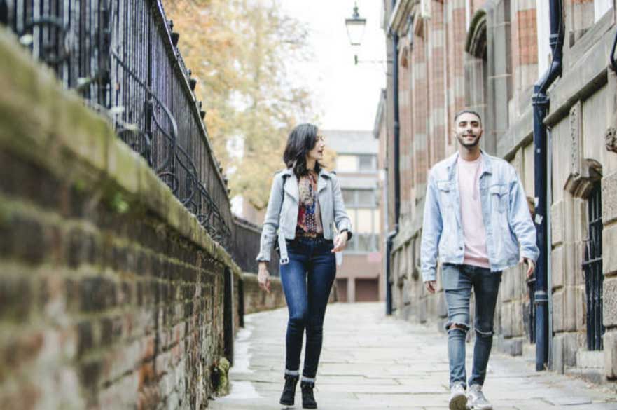 Students walking down street