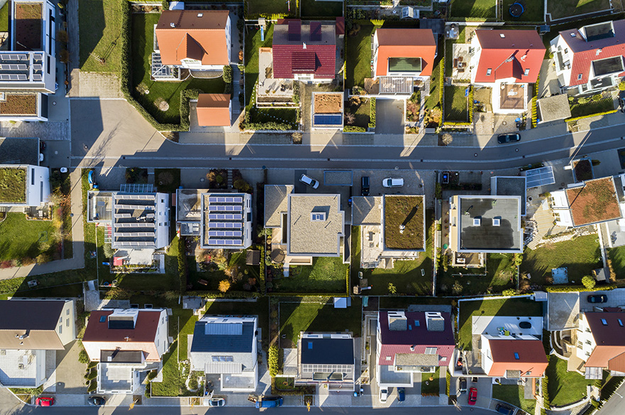 Aerial view of housing street
