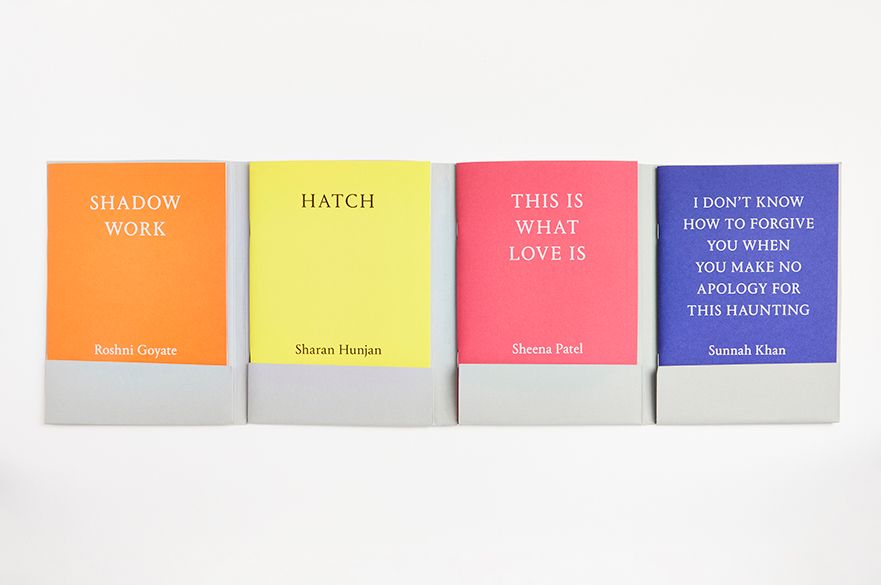Four brightly coloured books displayed in a uniform row against a white background, orange, yellow, pink and purple