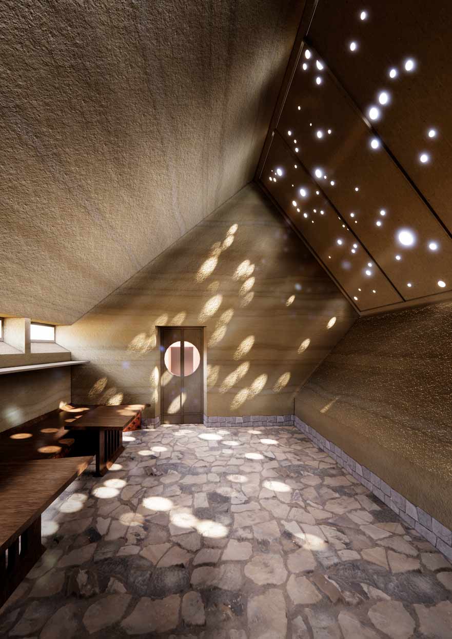 Modern looking room with holes in the ceiling allowing sunlight to come through