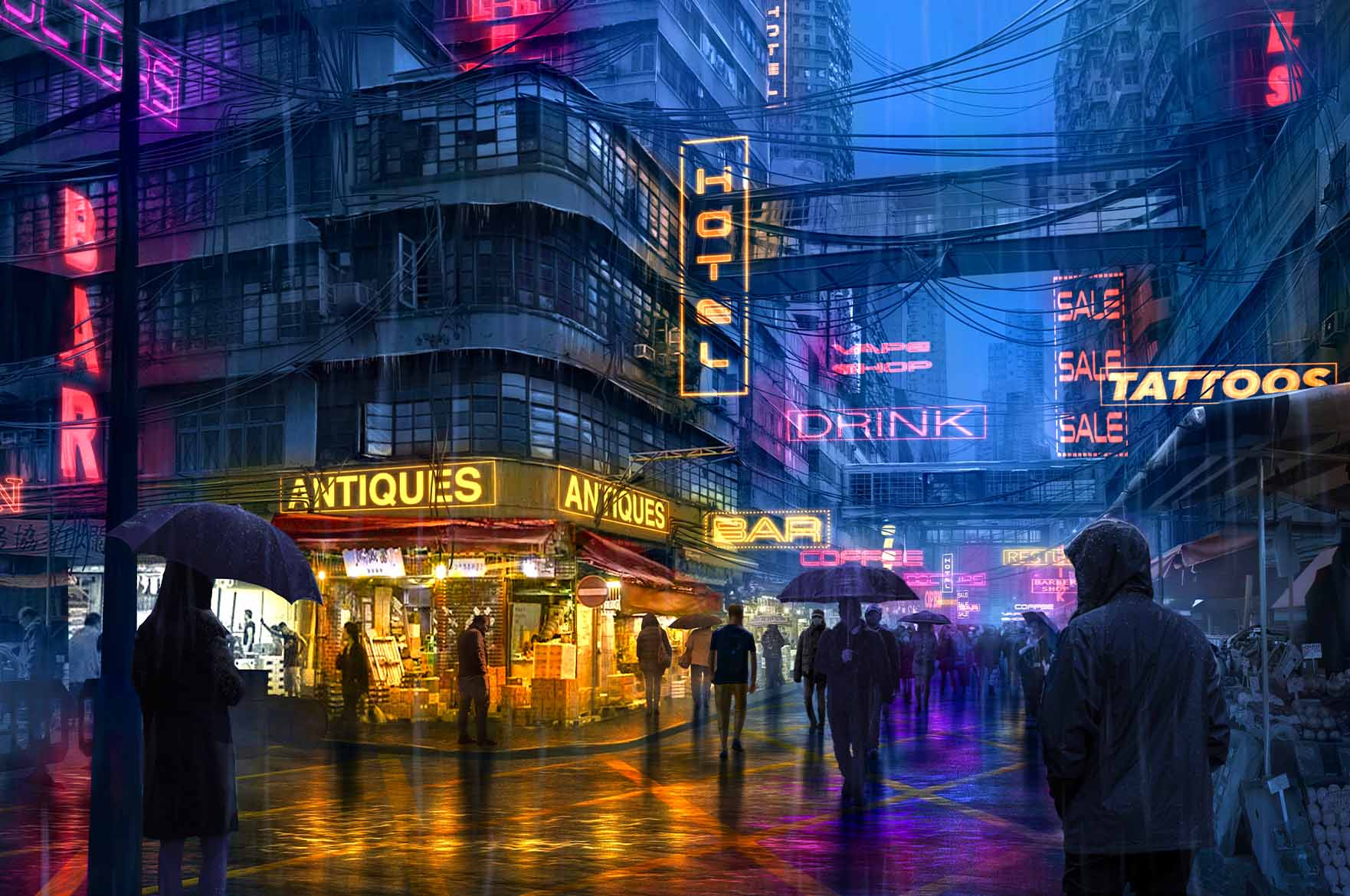 Rainy neon city illustration