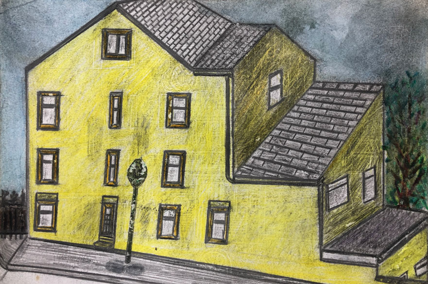 A drawing of a yellow house.