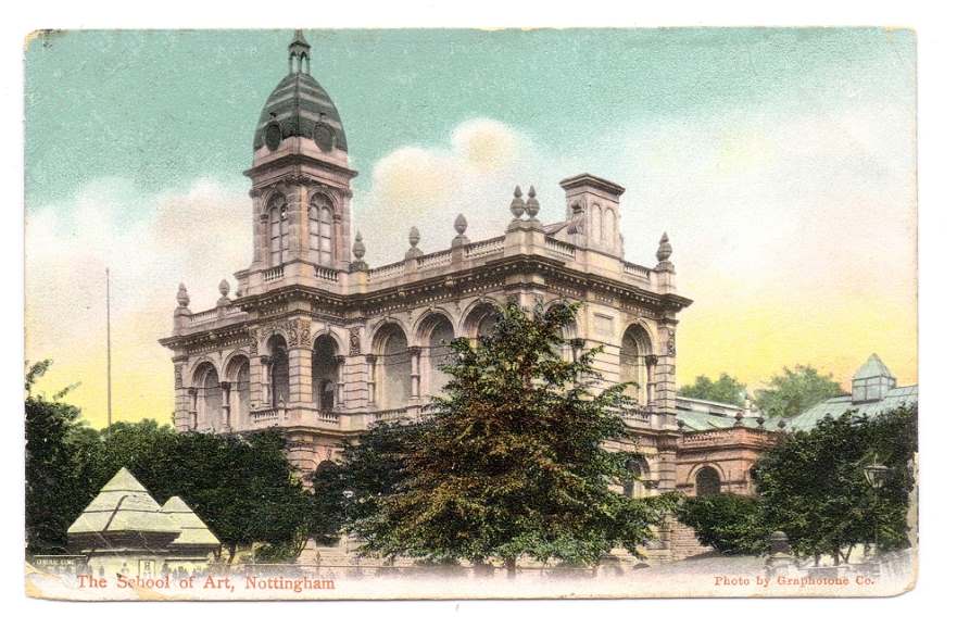 A postcard showing the Waverley Building, which opened in 1865 to house the Nottingham School of Art.  The building is still home to the city’s art school, now named Nottingham School of Art & Design and part of Nottingham Trent University.