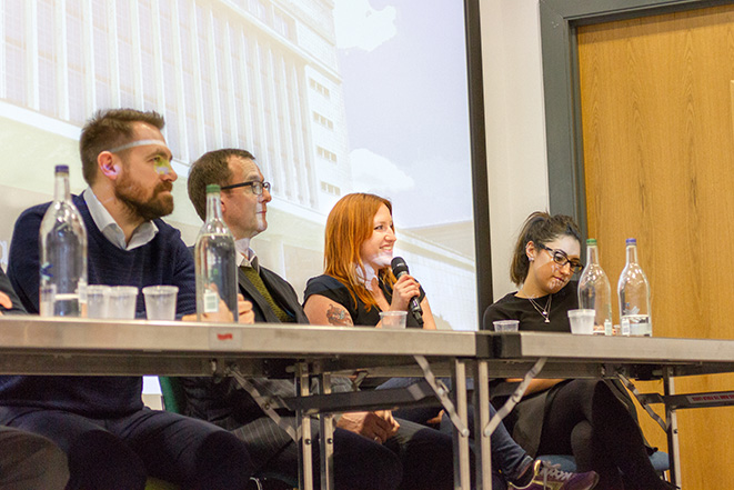 The first panel of Industry representatives discussing routes into Journalism