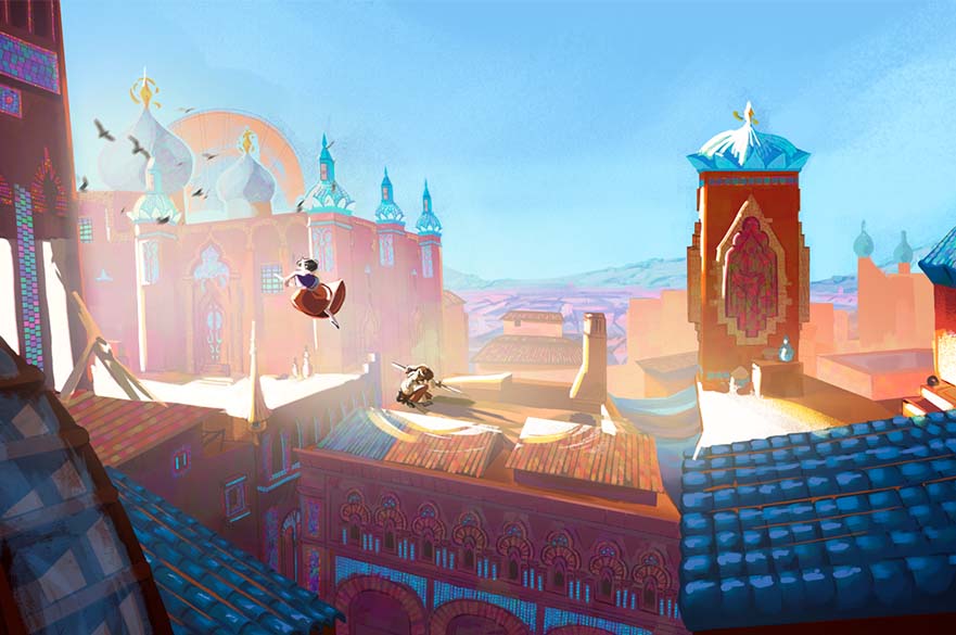 Concept art depicting two characters running over tiled rooftops in a city 