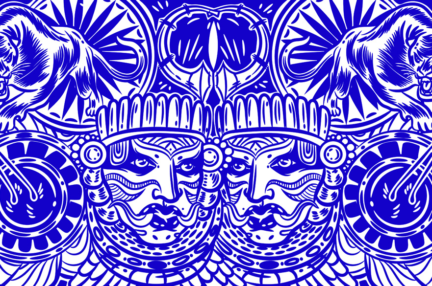 A blue patterned illustration showing faces and panthers