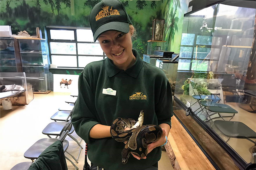 Zookeeper Becky Hall holding a large snake for the camera