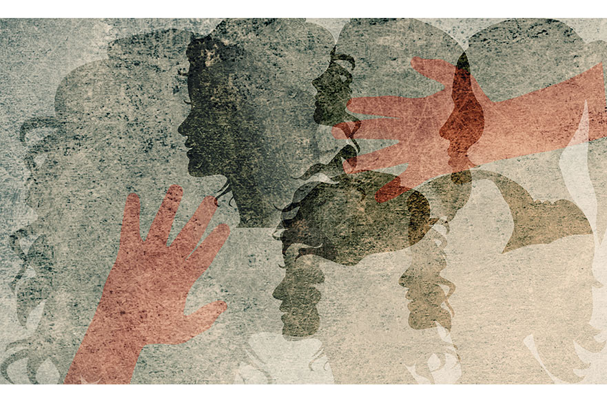 Black silhouettes of female faces with red hands on top