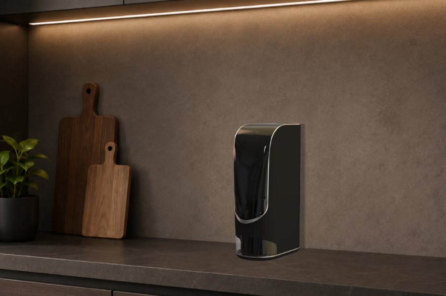 A design student's image showing their product (a food portioning device) in situ on a kitchen counter.