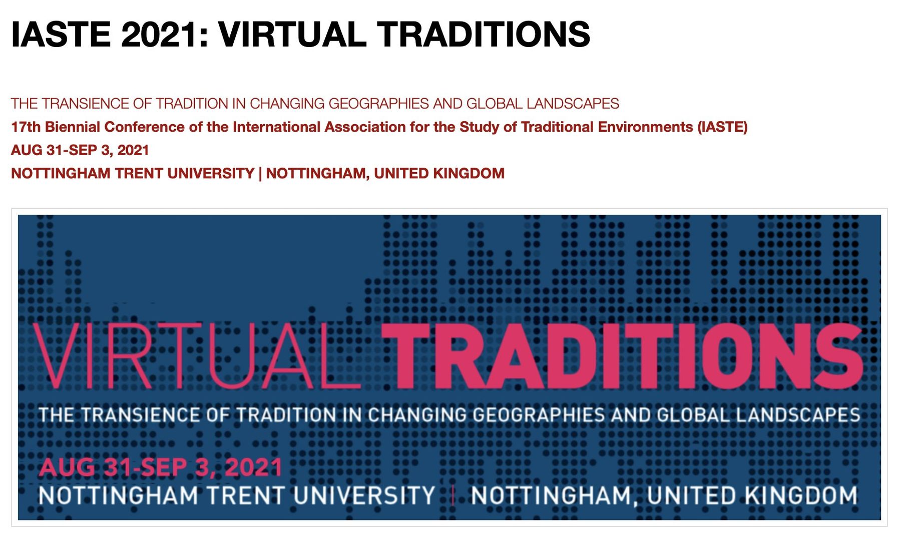 IASTE 2021 Virtual Traditions poster