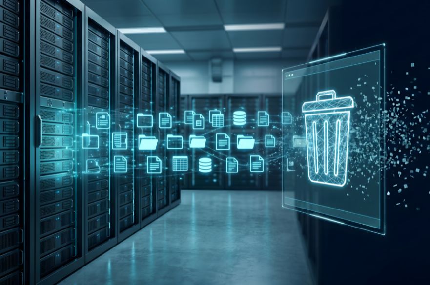 Inside a data centre with icons of files going from a server into a bin icon