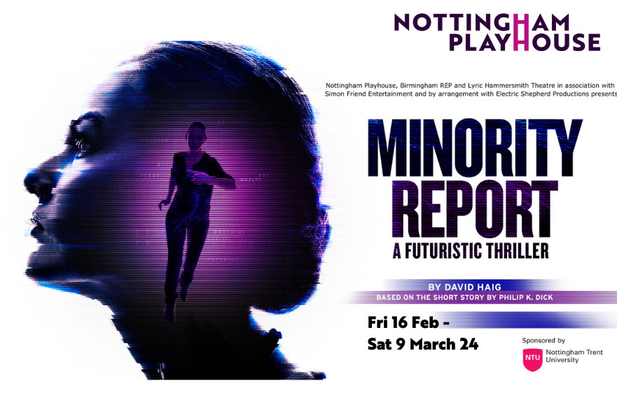 A theatre poster showing a purple head with a man running inside it, and the words 'Minority Report'.
