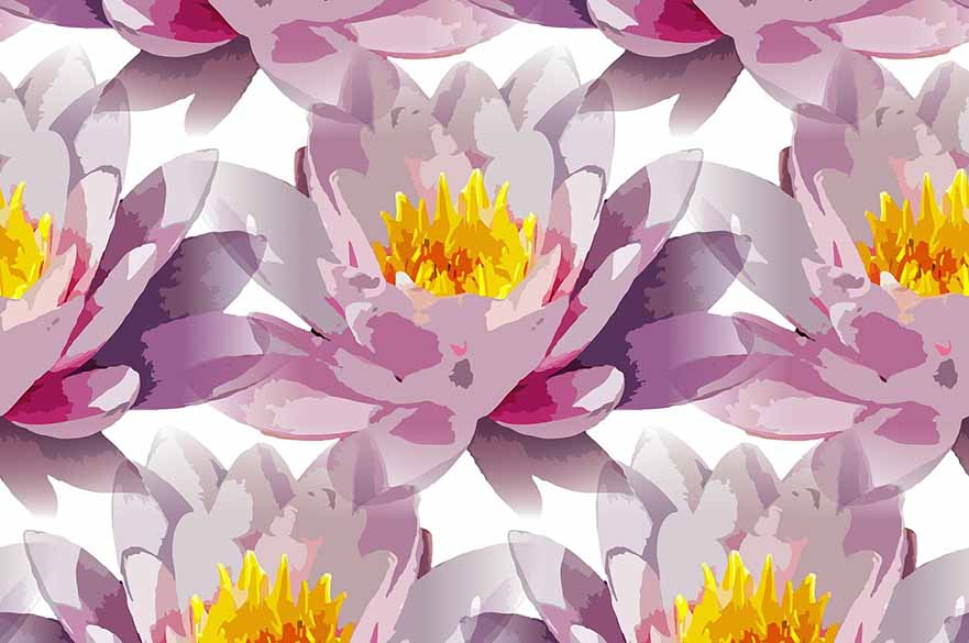 A repeat pattern of computer generated pink water lilies 