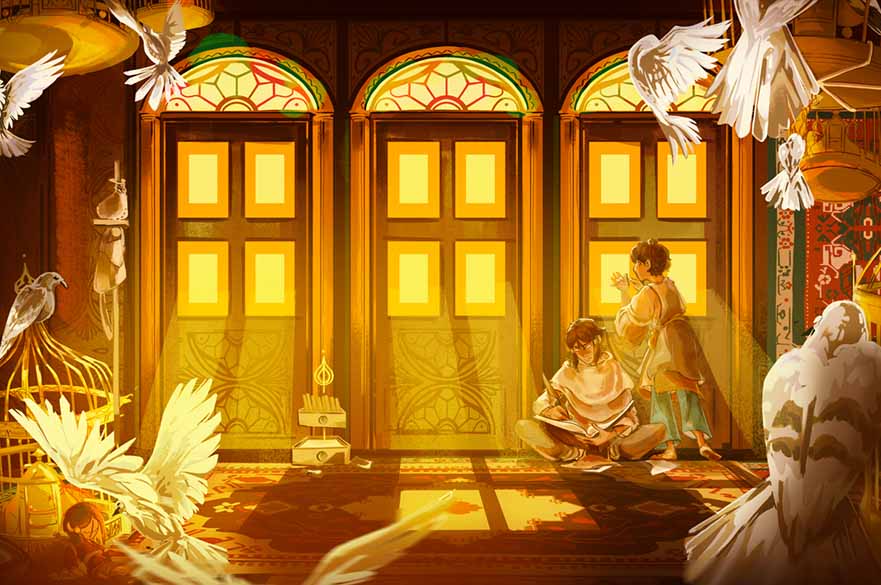 Concept art of two characters peeking outside of a set of windows at sunset with birds framing the artwork
