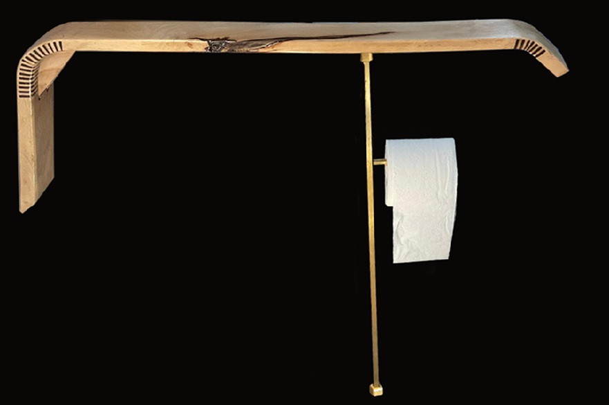 A designer's rendering of a bathroom shelf with an attached toilet roll holder