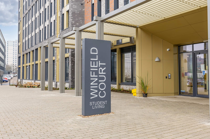 Entrance to Winfield Court student accommodation showing the main building facade and reception entrance