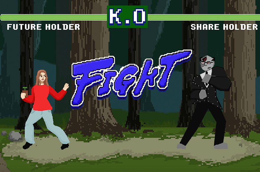 An animated retro style game two characters 'Shareholder' and 'Future Holder' are about to Fight. 