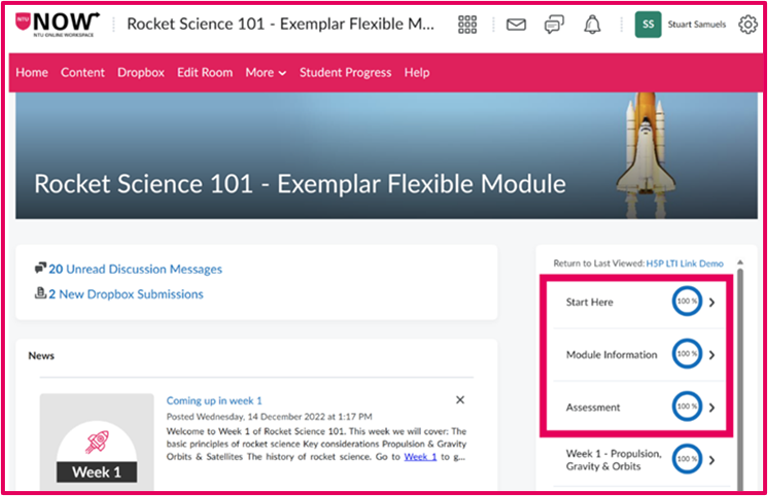 A screenshot of the NOW Learning Room with Start Here, Module Information, and Assessment units all complete. A screenshot of the NOW Learning Room with Start Here, Module Information, and Assessment units all complete.