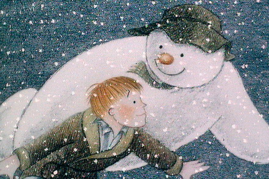 Illustration of the snowman flying with a young boy in a snowy sky.