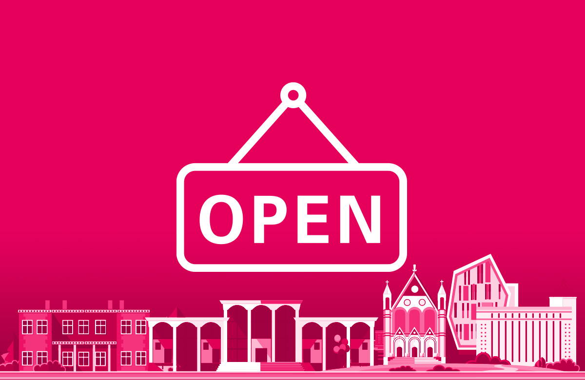 Graphic of an open sign above Nottingham skyline
