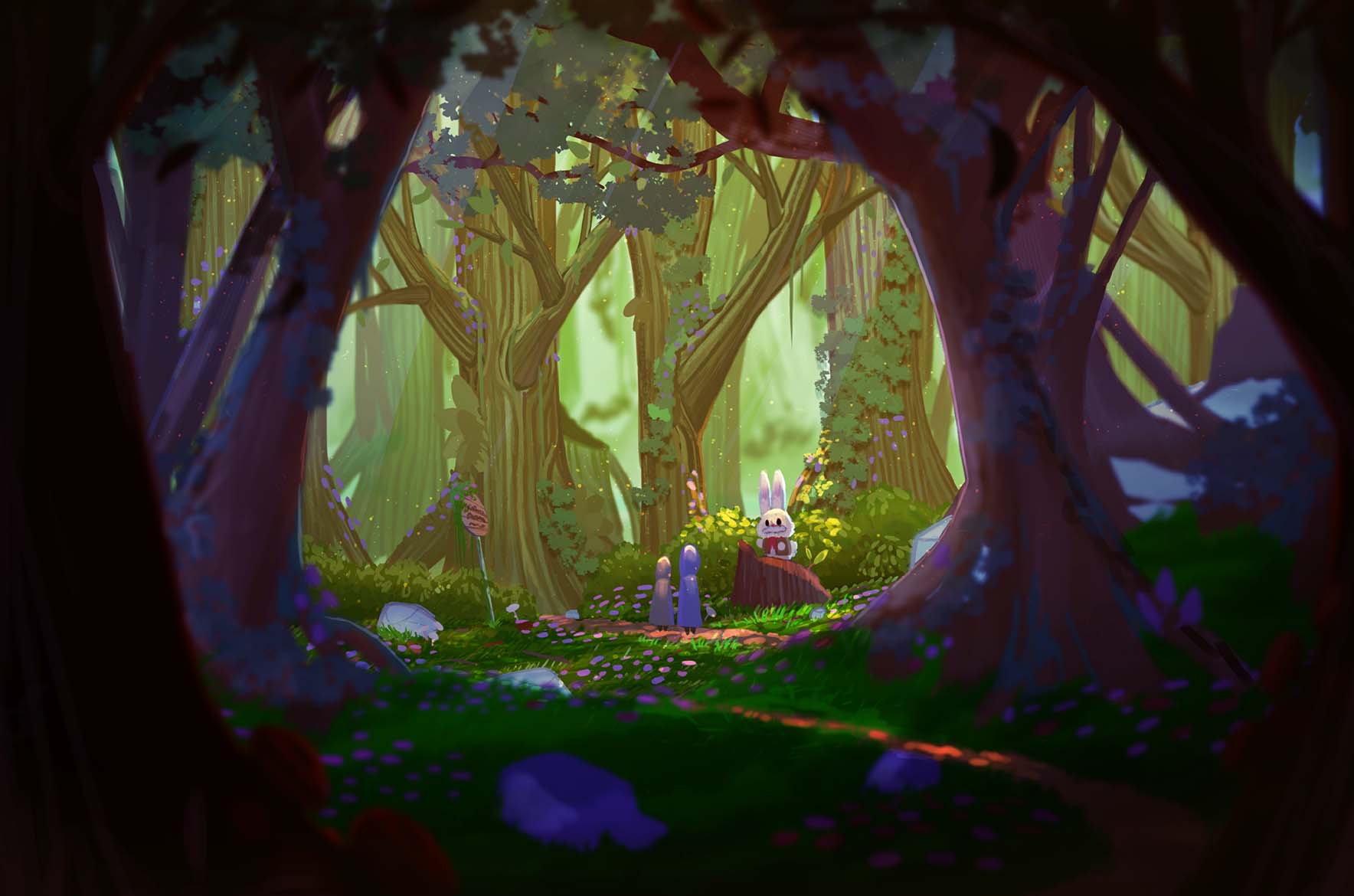 Concept art featuring a rabbit sitting on a stone in a green forest