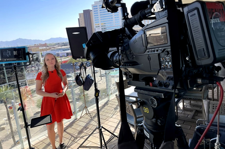 Stephanie Bennett records a news piece to camera