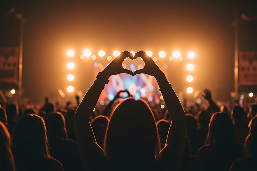 Lone concert goer making heart hands in front of stage lights