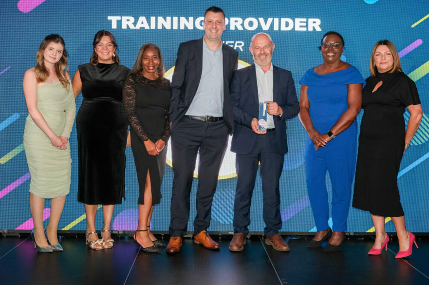 NTU's Apprenticeship team collecting the Training Provider of the Year award at the Derbyshire and Nottinghamshire Apprenticeship Awards 2025