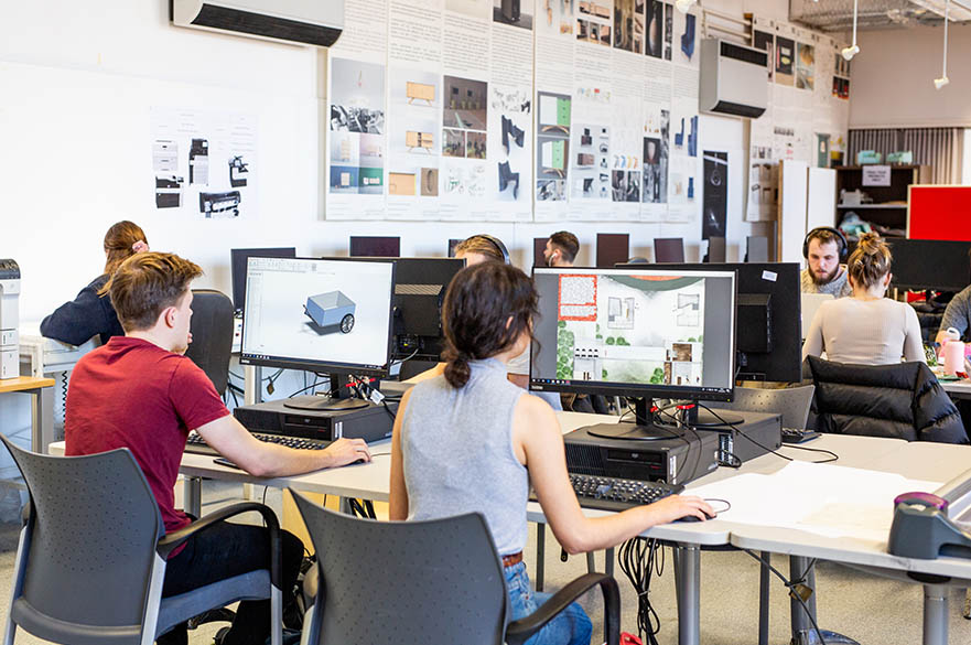 Students working on computers in the study centre, Maudslay building 