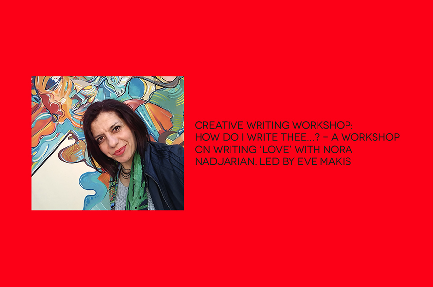 A photo of Nora Nadjarian against a red background with text displaying the title of the event.