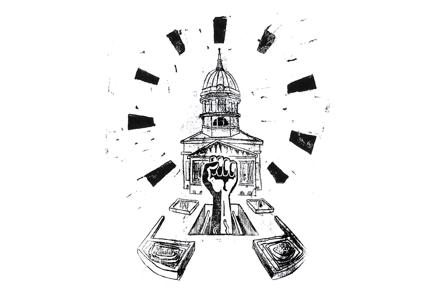 A pencil sketch of the council house with a clenched fist raised in front of it