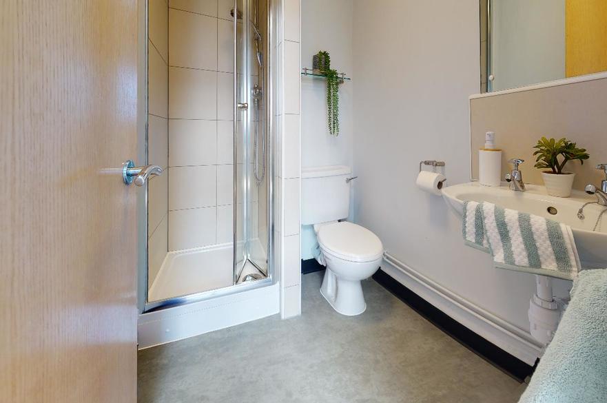 Bathroom with white walls, toilet, sink and shower image