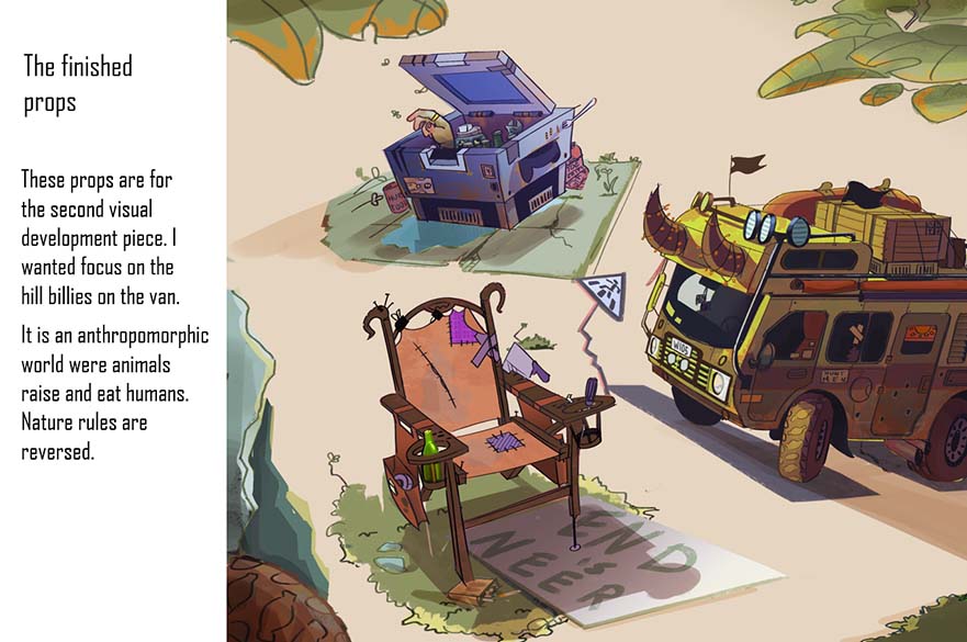 Student visual development work depicting a chair, chest and van