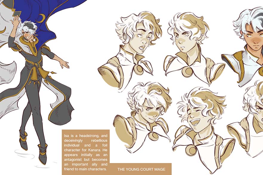 Concept art of a mage character featuring visual development of facial expressions
