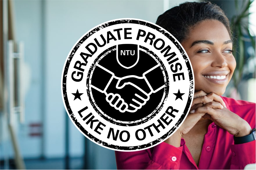 a student smiling an looking into the distance. There's a graphic overlaid on the image which reads 'Graduate promise like no other''