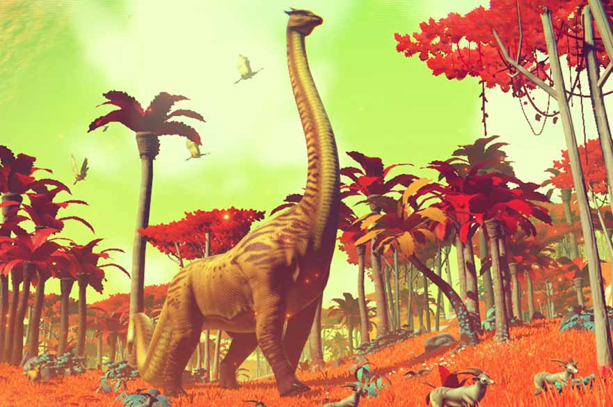 screen shot from the video game 'No Man's Sky' showing a large dinosaur like creature