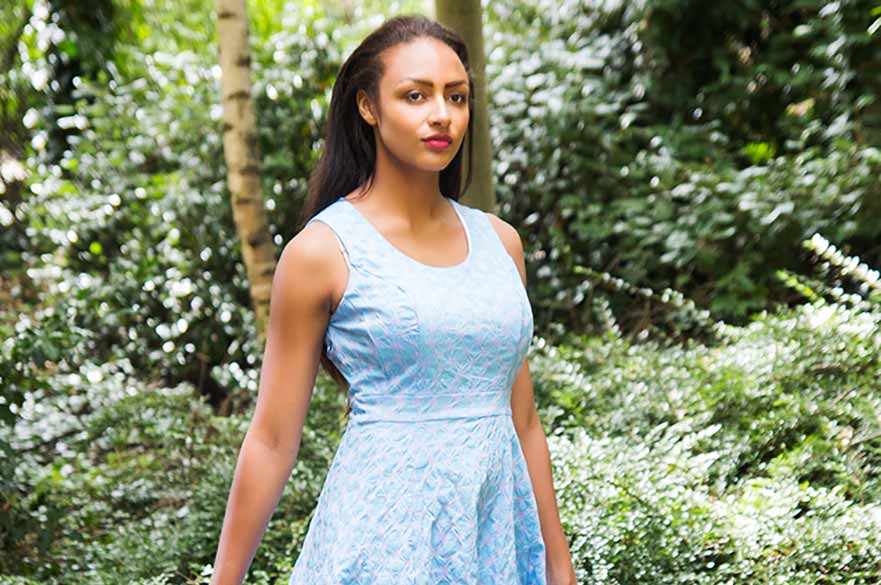 model wearing light blue summer dress