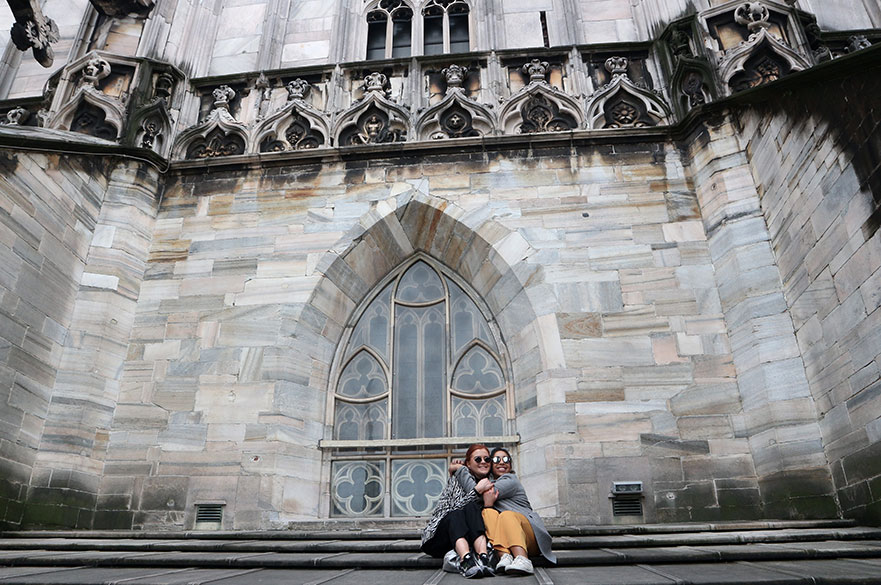 Students Kathryn Harwood and Sophie Heaton outside Milan Cathedral. Photo Kathryn Harwood