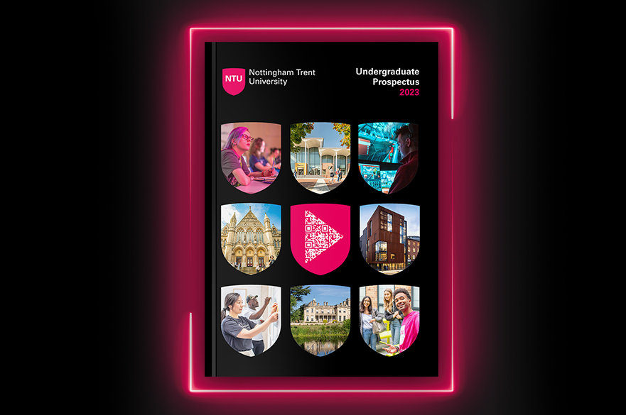 An image of NTU's 2023 prospectus front cover, bordered in neon pink.