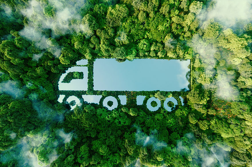A truck-shaped lake in the midst of pristine nature, illustrating the concept of clean, greenhouse-free transport in the form of electric, hybrid or hydrogen propulsion