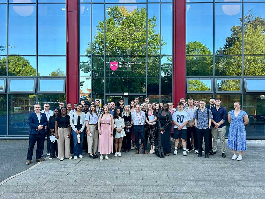 Students from the European Cities Challenge gather outside NTU Mansfield