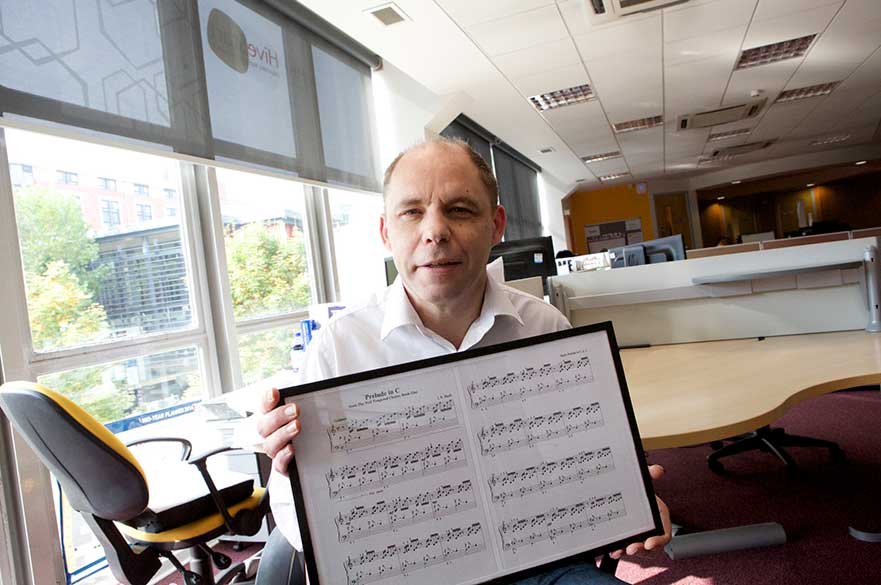 Martin Smith at the hive demonstrating his sheet music reader app