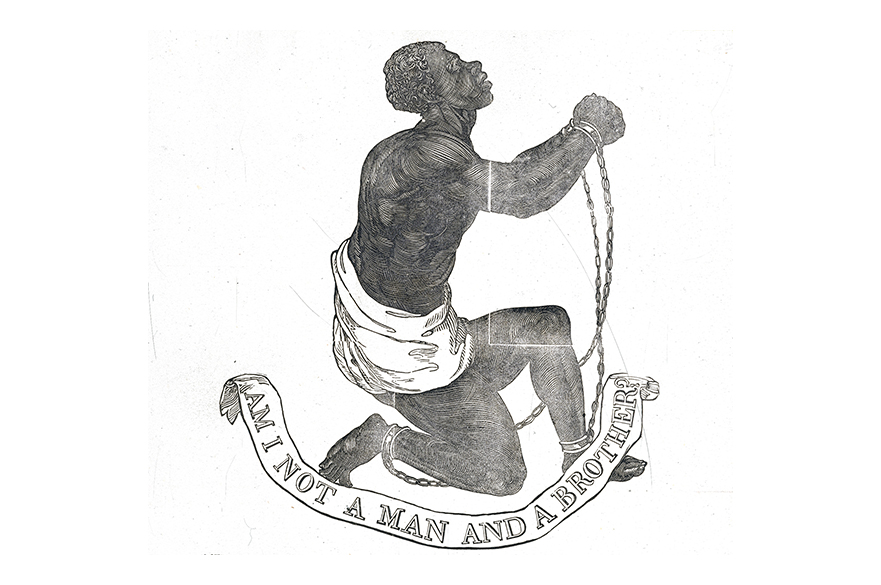An illustration of a Black male slave in chains, knelt, with the text Am I not a man and a brother.