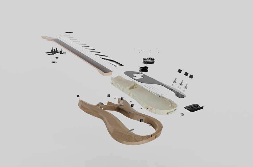 Render of a de-composed electric guitar