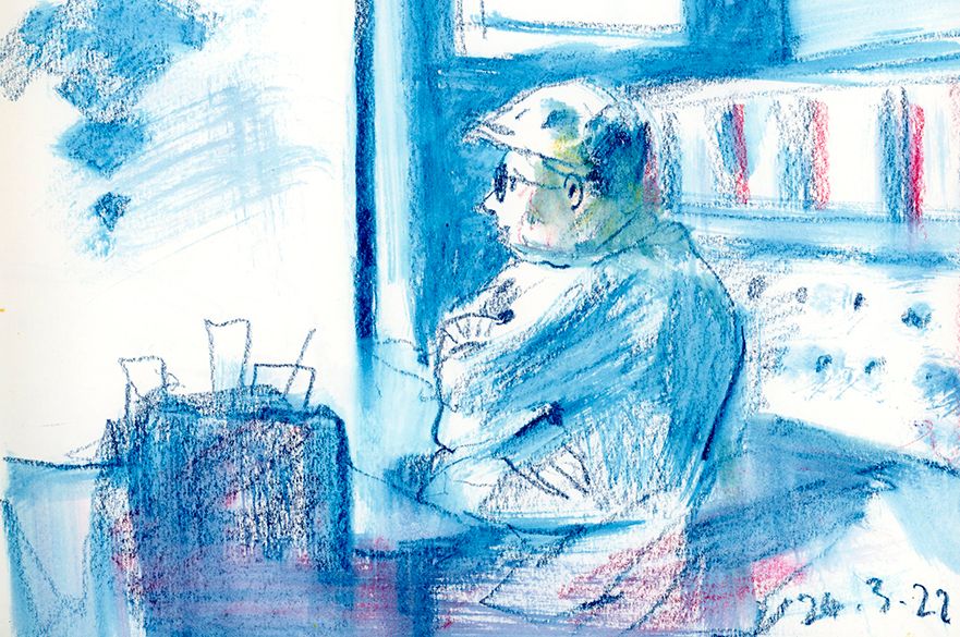 A sketch of a man sat in a cafe looking out the window.