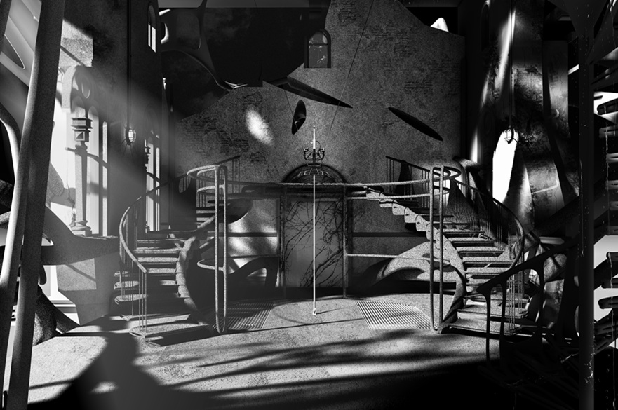 An architect's concept of the interior of a futuristic building with a staircase in the centre.