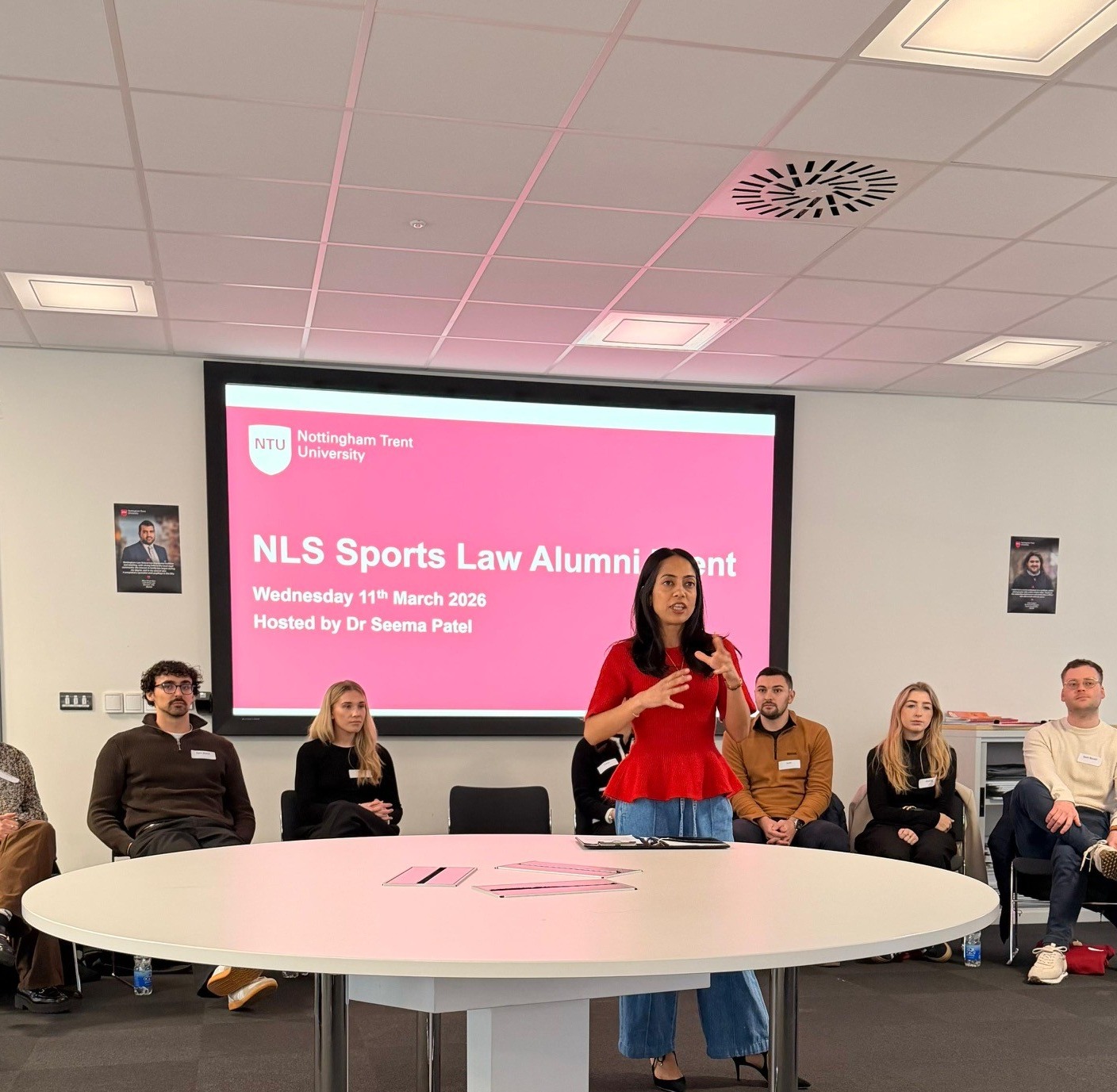 Professor Seema Patel presenting the sports law alumni event