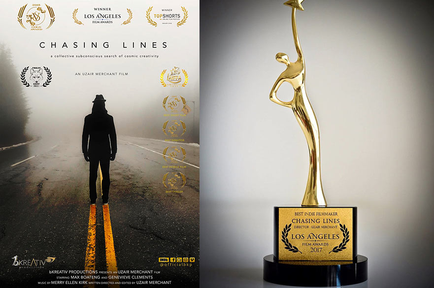 Film poster and LA film award trophy